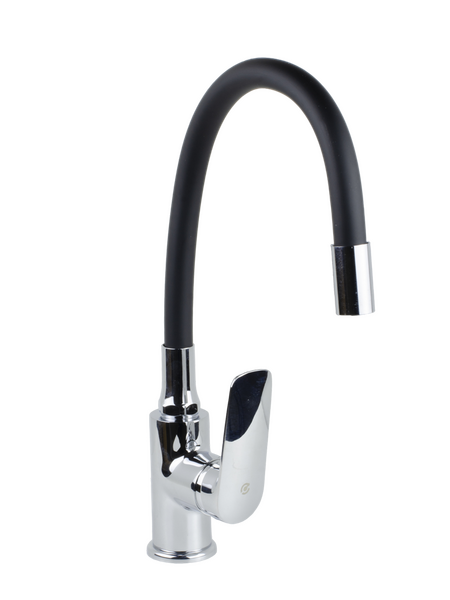 Смеситель Кухня SANTREK AQUA-1011 "PRESTIGE" (SAP-1011)  шар. d-35 с силиконовым изливом, Черный/Хром