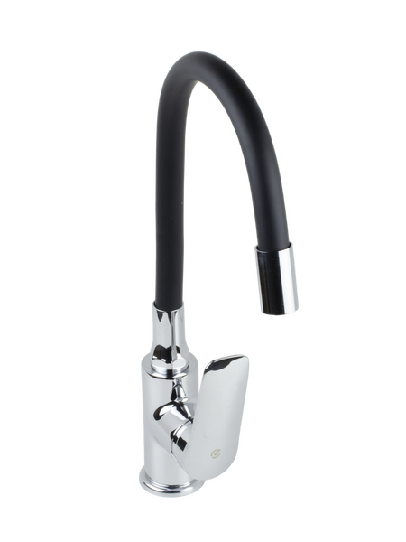 Смеситель Кухня SANTREK AQUA-1011 "PRESTIGE" (SAP-1011)  шар. d-35 с силиконовым изливом, Черный/Хром