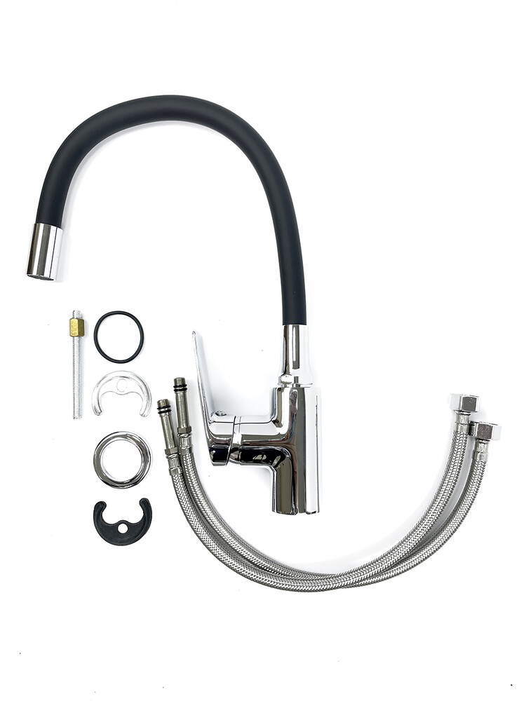 Смеситель Кухня SANTREK AQUA-1011 "PRESTIGE" (SAP-1011)  шар. d-35 с силиконовым изливом, Черный/Хром