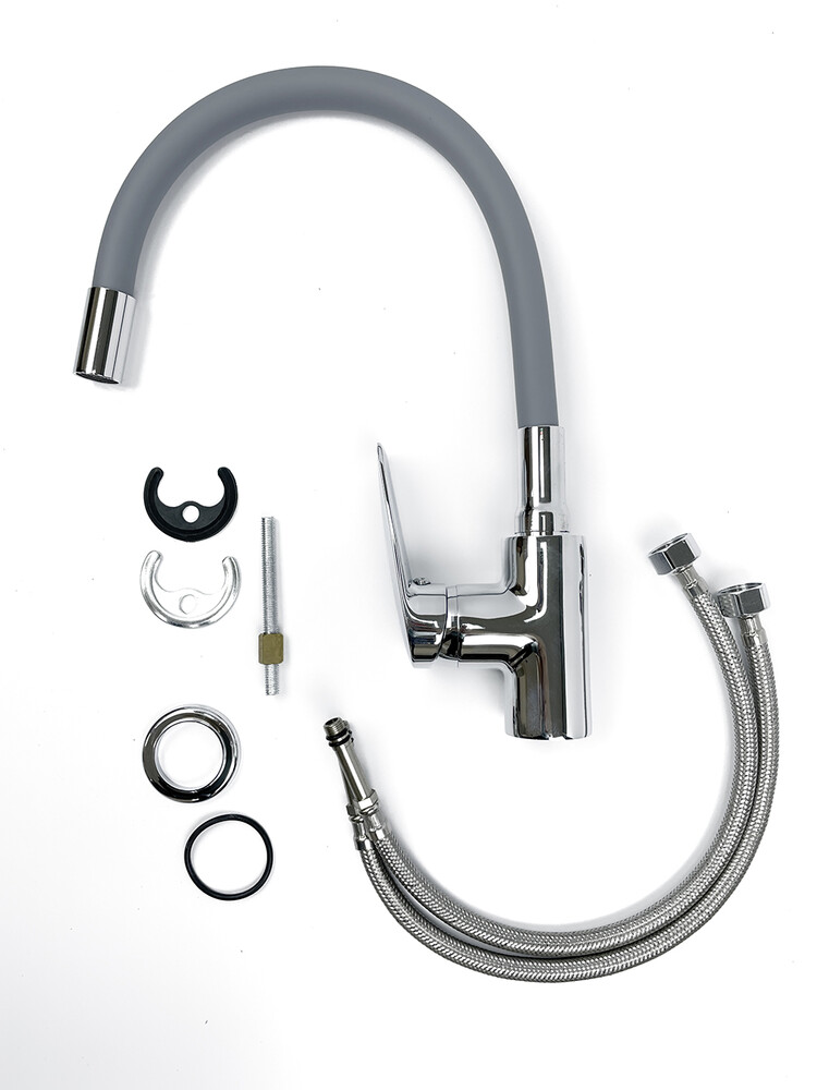 Смеситель Кухня SANTREK AQUA-1012 "PRESTIGE" (SAP-1012)  шар. d-35 с силиконовым изливом, Серый/Хром