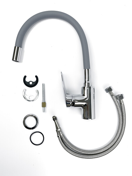 Смеситель Кухня SANTREK AQUA-1012 "PRESTIGE" (SAP-1012)  шар. d-35 с силиконовым изливом, Серый/Хром