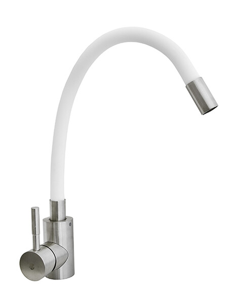 Смеситель Кухня SANTREK AQUA-815 "INOX" шар d-35 нерж. с гибким силиконовым изливом (белый)