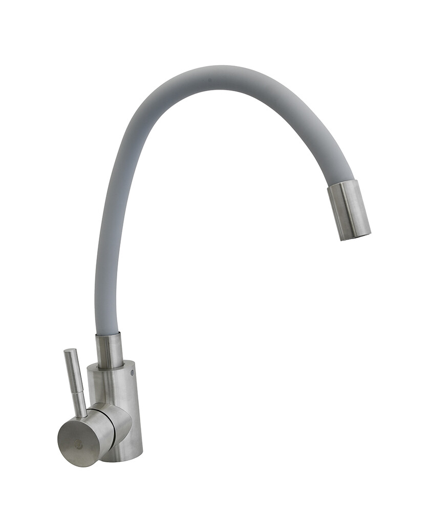 Смеситель Кухня SANTREK AQUA-820 "INOX" шар d-35 нерж. с гибким силиконовым изливом (серый)