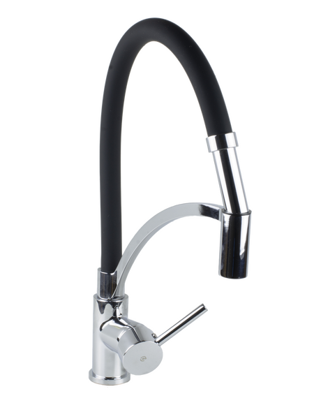 Смеситель Кухня SANTREK AQUA-1030 "PRESTIGE" (SAP-1030)  шар. d-35 с гибким силиконовым изливом, Черный/Хром