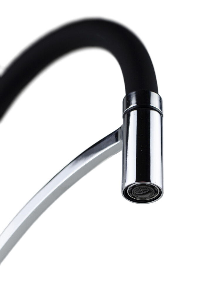 Смеситель Кухня SANTREK AQUA-1030 "PRESTIGE" (SAP-1030)  шар. d-35 с гибким силиконовым изливом, Черный/Хром