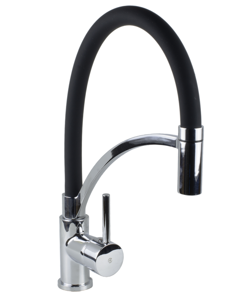 Смеситель Кухня SANTREK AQUA-1030 "PRESTIGE" (SAP-1030)  шар. d-35 с гибким силиконовым изливом, Черный/Хром