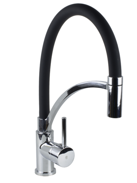 Смеситель Кухня SANTREK AQUA-1030 "PRESTIGE" (SAP-1030)  шар. d-35 с гибким силиконовым изливом, Черный/Хром