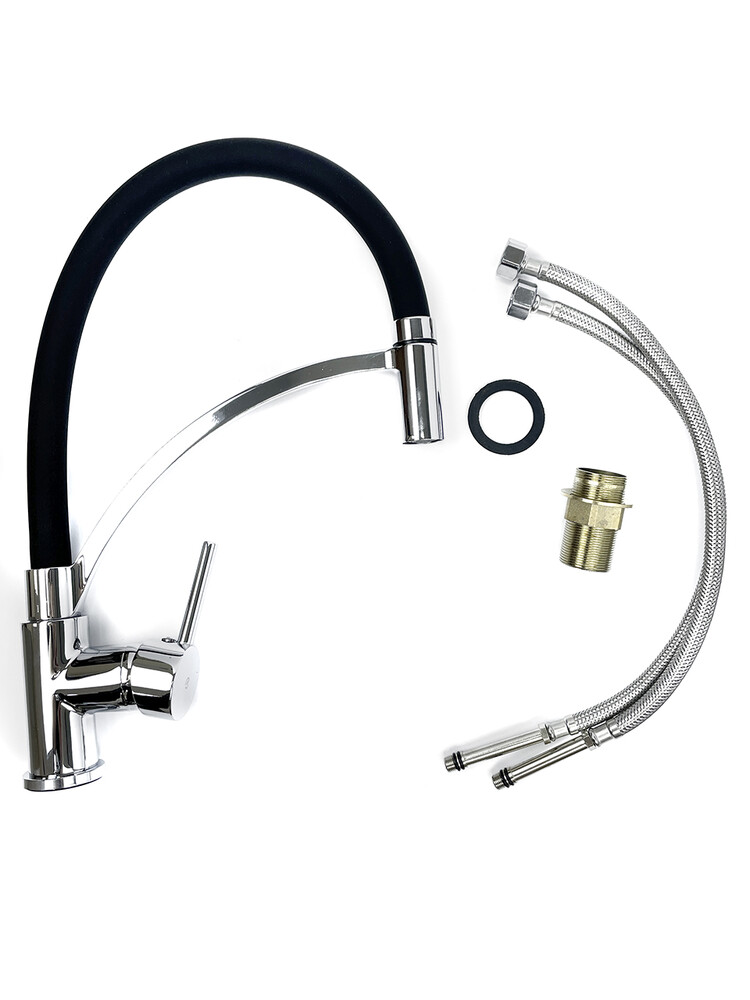 Смеситель Кухня SANTREK AQUA-1030 "PRESTIGE" (SAP-1030)  шар. d-35 с гибким силиконовым изливом, Черный/Хром