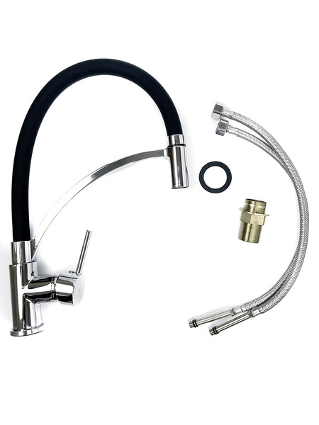 Смеситель Кухня SANTREK AQUA-1030 "PRESTIGE" (SAP-1030)  шар. d-35 с гибким силиконовым изливом, Черный/Хром