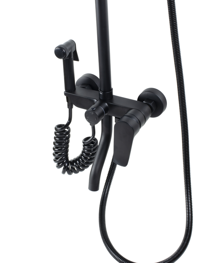  Душевая система SANTREK AQUA-1215 "PRESTIGE" (SAP-1215)  шар. d-35 с верхним душем, смесителем, гигиен лейкой и полочкой (черный)   СНИЖЕНА ЦЕНА !!!