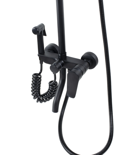  Душевая система SANTREK AQUA-1215 "PRESTIGE" (SAP-1215)  шар. d-35 с верхним душем, смесителем, гигиен лейкой и полочкой (черный)   СНИЖЕНА ЦЕНА !!!