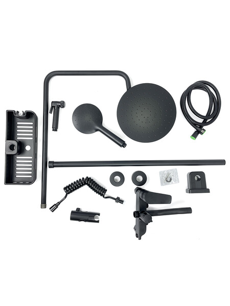  Душевая система SANTREK AQUA-1215 "PRESTIGE" (SAP-1215)  шар. d-35 с верхним душем, смесителем, гигиен лейкой и полочкой (черный)   СНИЖЕНА ЦЕНА !!!