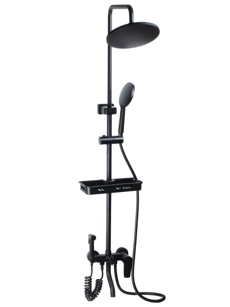  Душевая система SANTREK AQUA-1215 "PRESTIGE" (SAP-1215)  шар. d-35 с верхним душем, смесителем, гигиен лейкой и полочкой (черный)   СНИЖЕНА ЦЕНА !!!