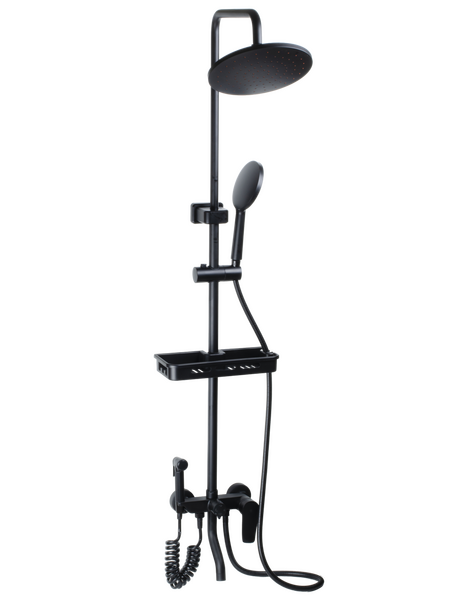  Душевая система SANTREK AQUA-1215 "PRESTIGE" (SAP-1215)  шар. d-35 с верхним душем, смесителем, гигиен лейкой и полочкой (черный)   СНИЖЕНА ЦЕНА !!!