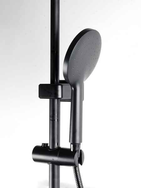  Душевая система SANTREK AQUA-1215 "PRESTIGE" (SAP-1215)  шар. d-35 с верхним душем, смесителем, гигиен лейкой и полочкой (черный)   СНИЖЕНА ЦЕНА !!!