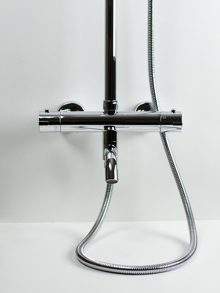 Душевая система SANTREK AQUA-1220 "PRESTIGE" (SAP-1220)  термостатическая, с верхним душем и смесителем (хром) переключение на душ поворотом излива