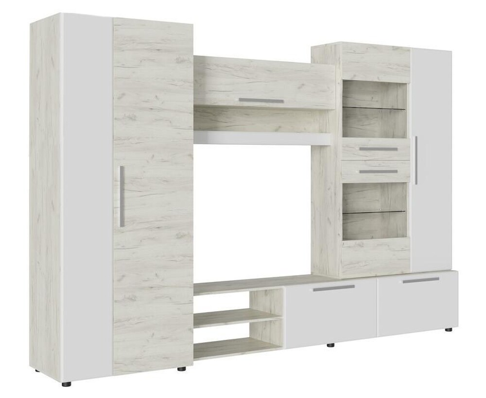 САФАРИ Стенка Корпус -Дуб Крафт белый  Фасад МДФ - матовая Белый Софт (7 мест) ОЕ433 КАТЕГОРИЯ А