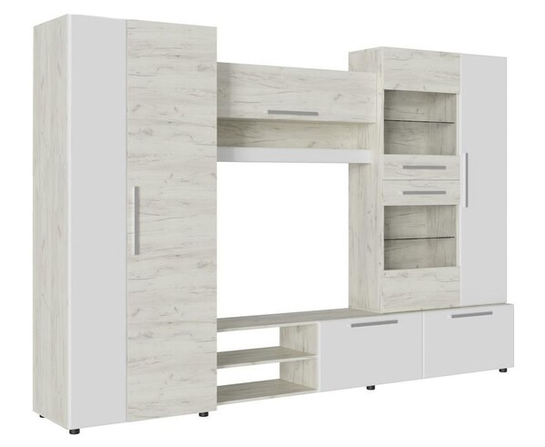 САФАРИ Стенка Корпус -Дуб Крафт белый  Фасад МДФ - матовая Белый Софт (7 мест) ОЕ433 КАТЕГОРИЯ А