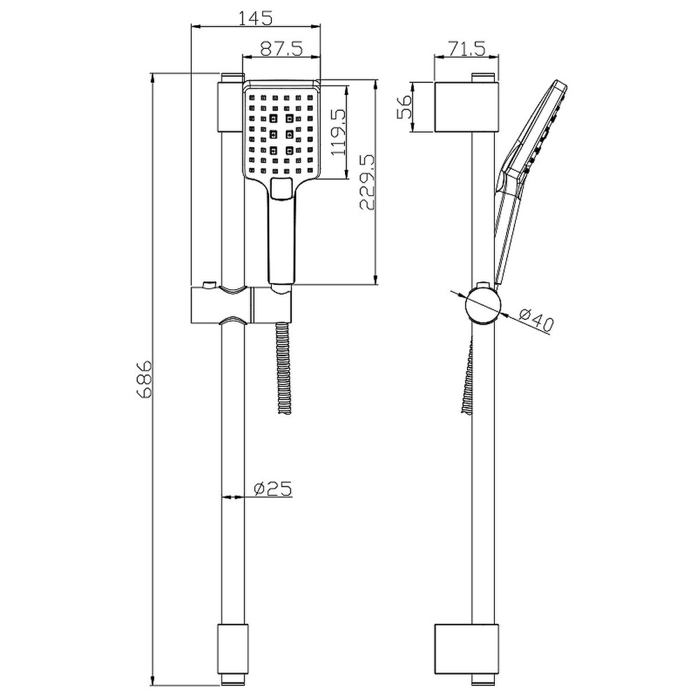 AC-27 Стойка душевая 686 мм с 3-х функц. лейкой и душевым шлангом 1,5м, хром ROSSINKA