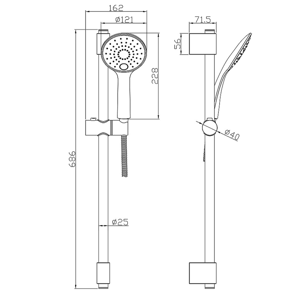 AC-26 Стойка душевая 686 мм с 3-х функц. лейкой и душевым шлангом 1,5м, хром ROSSINKA