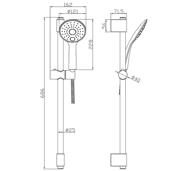 AC-26 Стойка душевая 686 мм с 3-х функц. лейкой и душевым шлангом 1,5м, хром ROSSINKA
