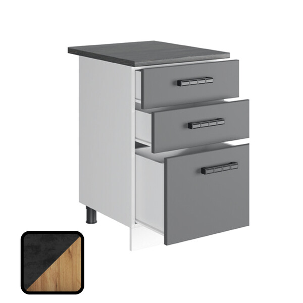 Стол разделочный МУВИ/ЦЕМЕНТ, 3 ящика Н600-3Я Дуб Крафт Золотой/Цемент Темный (810х600х450) Столешница Дуб Обожённый (2126)