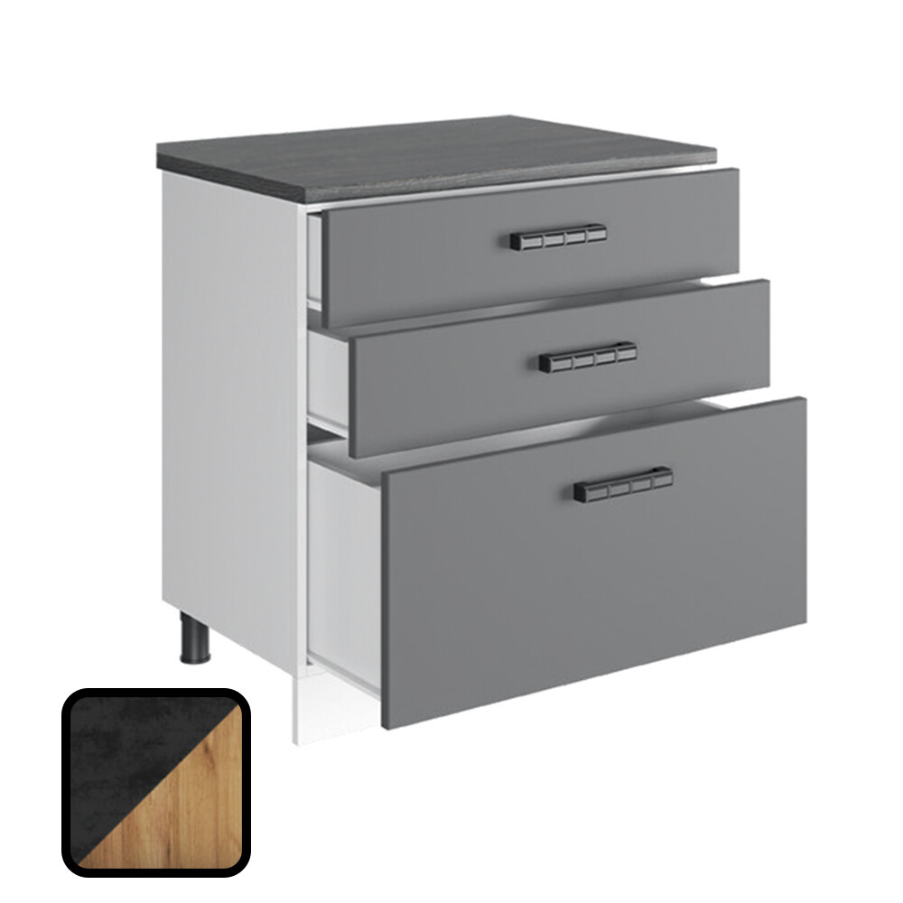 Стол разделочный МУВИ/ЦЕМЕНТ, 3 ящика Н800-3Я Дуб Крафт Золотой/Цемент Темный (810х800х450) Столешница Дуб Обожённый (2127)