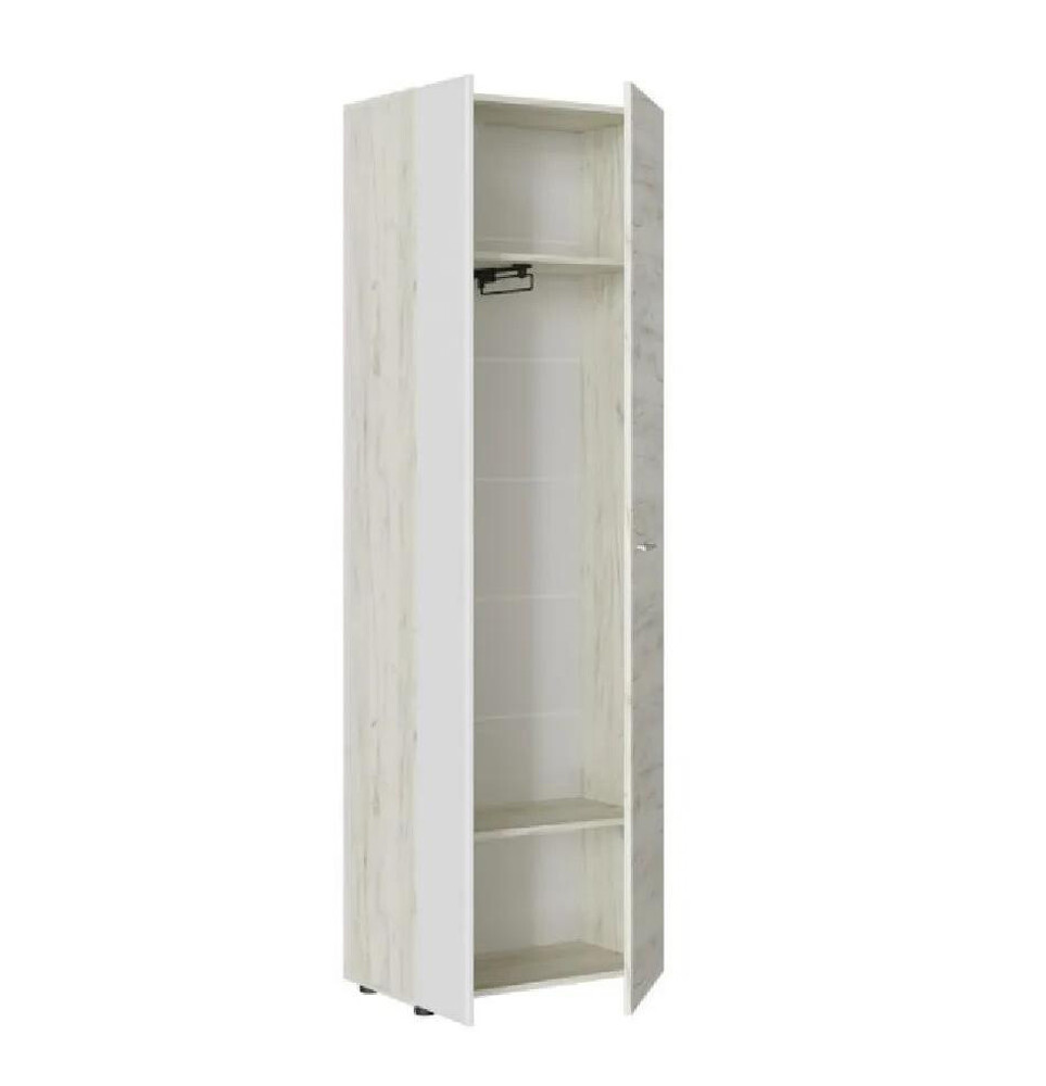 Сафари Шкаф с выдв. штангой ШК-001 Корпус - Дуб Крафт белый  Фасад МДФ - матовая Белый Софт ОИ665 КАТЕГОРИЯ А