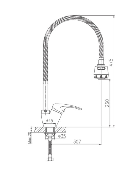 4313HB Смеситель Кухня HAIBA шар. d-35 с гайкой гибким изливом хром