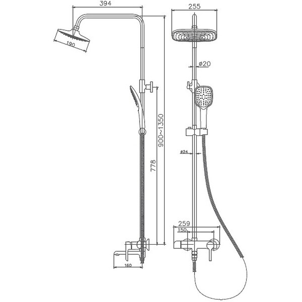 24805-7HB Душевая система HAIBA шар. d-35 излив является переключателем на лейку, черный/хром