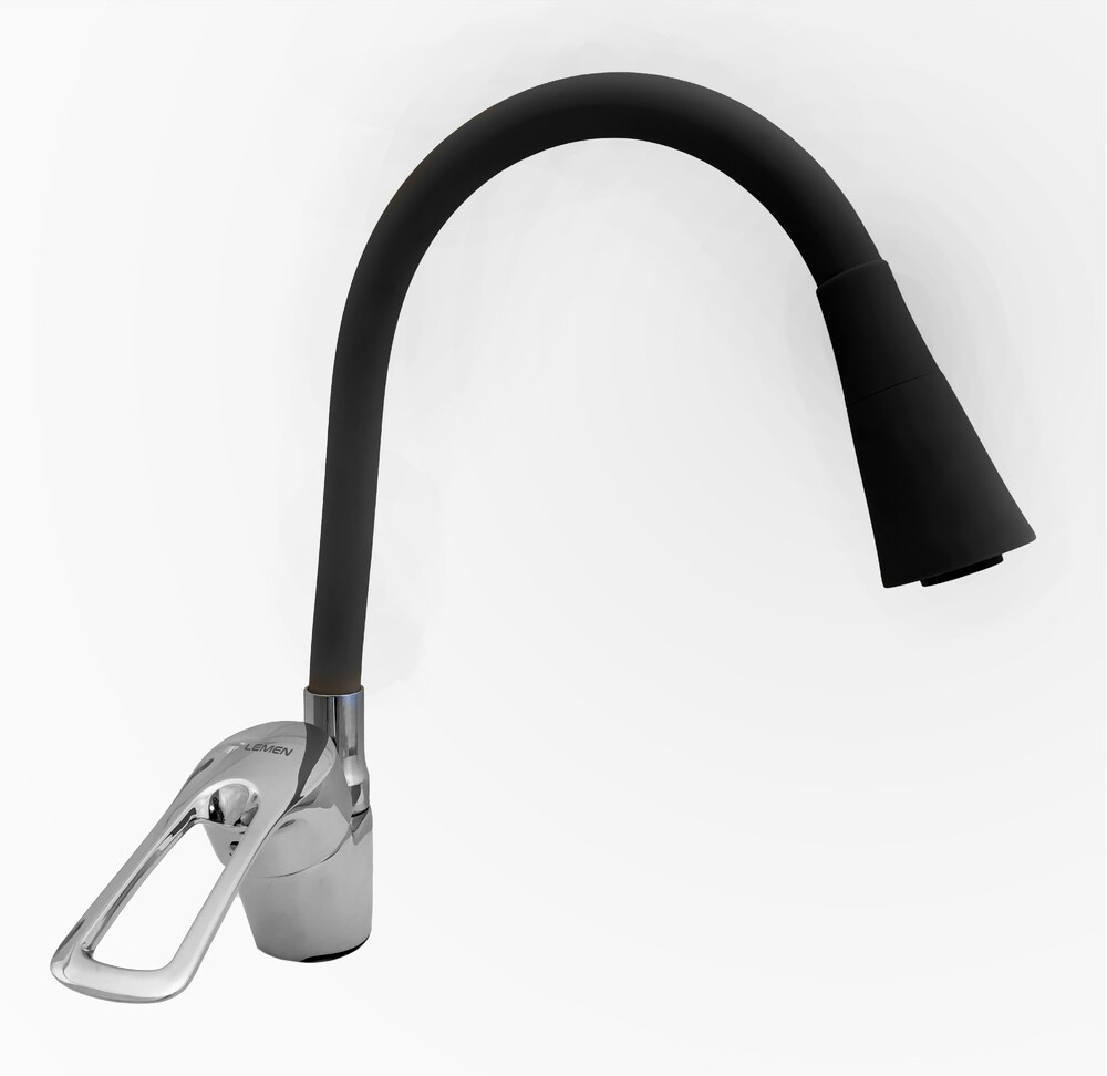 Смеситель Кухня Lemen D40 боковой (LB 91477 Е8) хром, черный гибкий излив с лейкой-аэратором,гайка,цинк