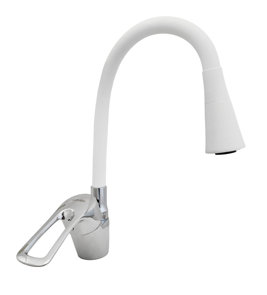 Смеситель Кухня Lemen D40 боковой (LB 91477 W8) хром,белый гибкий излив с лейкой-аэратором,гайка,цинк