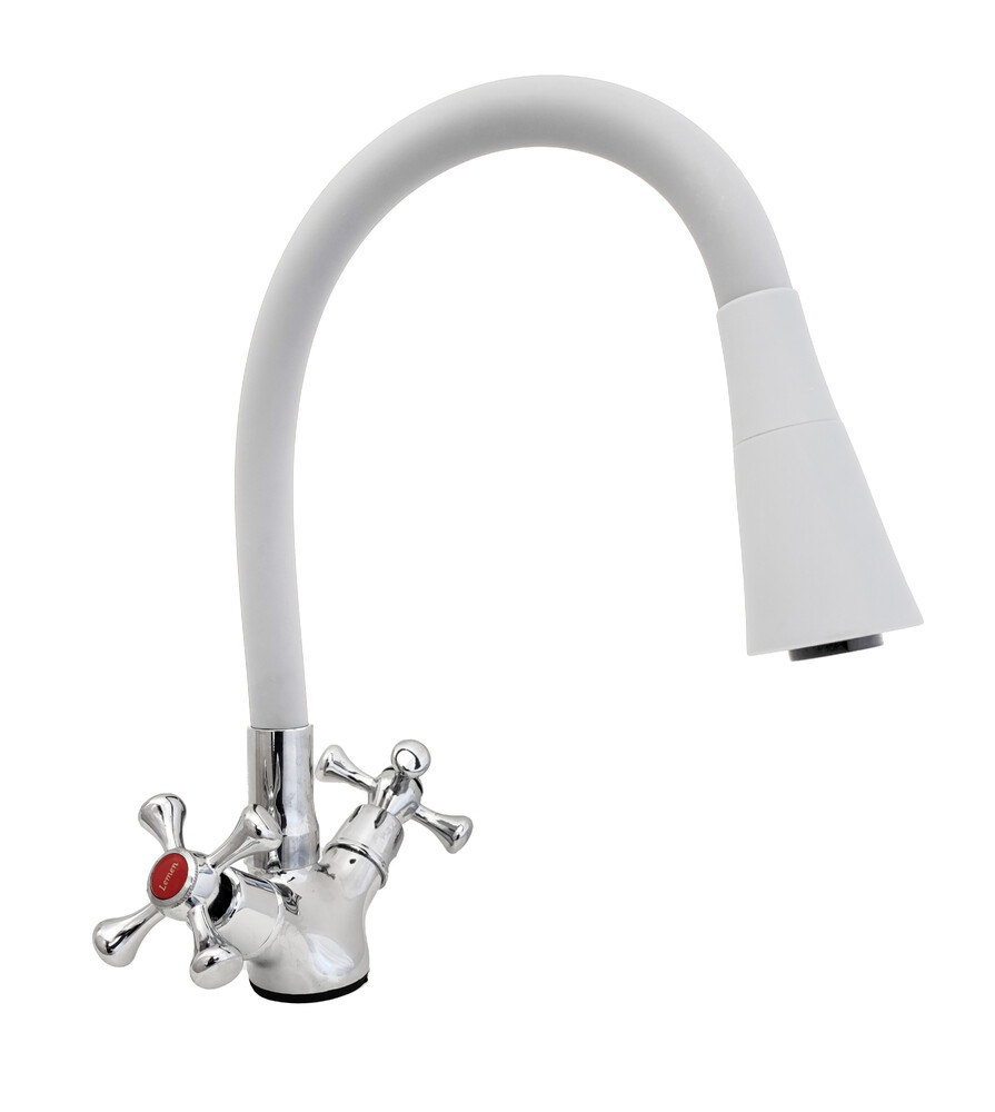 Смеситель Кухня Lemen мах Крест (LD 91665 W8) хром, белый гибкий излив с лейкой-аэратором,гайка,цинк