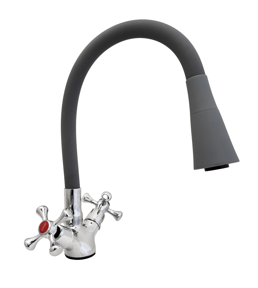Смеситель Кухня Lemen мах Крест (LD 91665 Н8) хром, серый гибкий излив с лейкой-аэратором,гайка,цинк