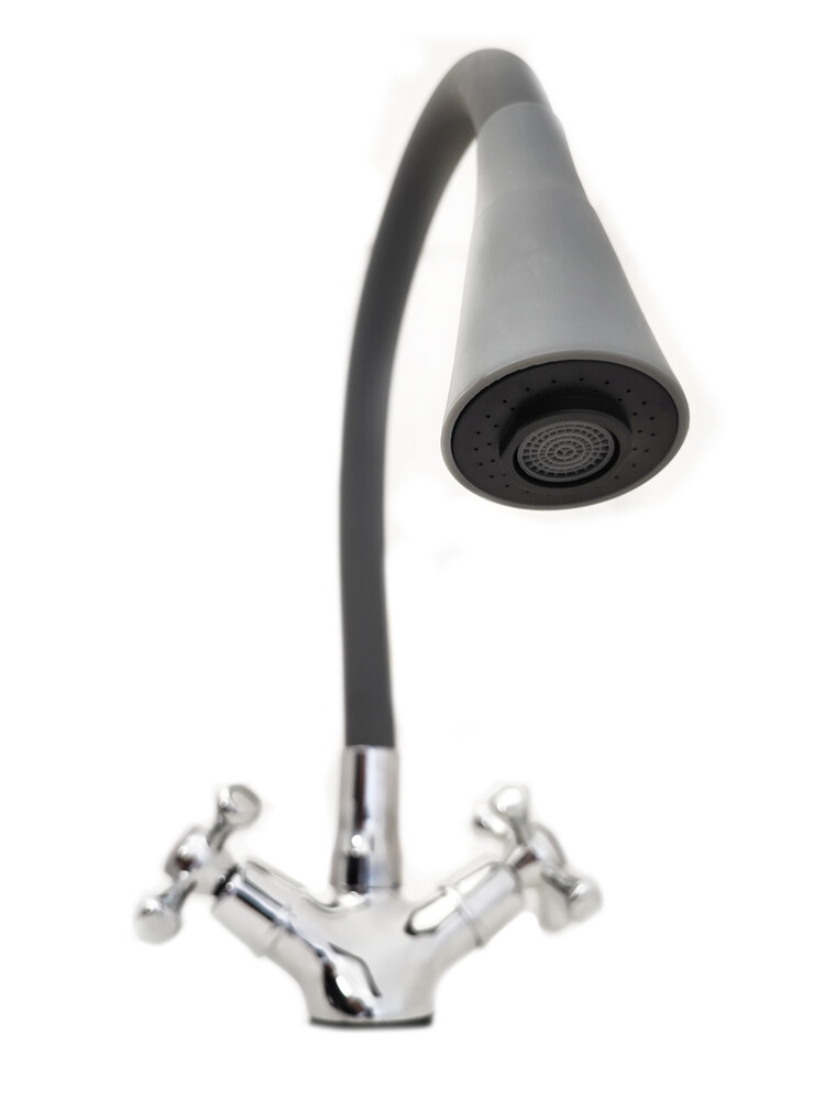 Смеситель Кухня Lemen мах Крест (LD 91665 Н8) хром, серый гибкий излив с лейкой-аэратором,гайка,цинк