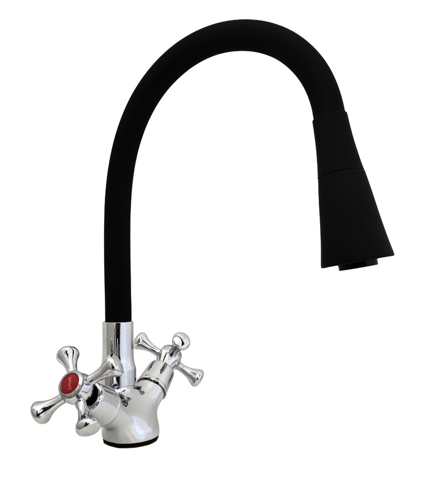 Смеситель Кухня Lemen мах Крест (LD 91665 Е8) хром, черный гибкий излив с лейкой-аэратором,гайка,цинк