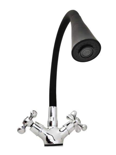 Смеситель Кухня Lemen мах Крест (LD 91665 Е8) хром, черный гибкий излив с лейкой-аэратором,гайка,цинк