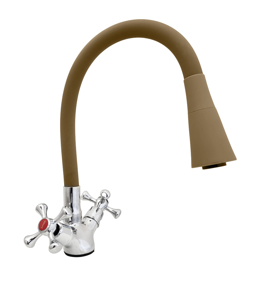 Смеситель Кухня Lemen мах Крест (LD 91665 М8) хром, бежевый гибкий излив с лейкой-аэратором,гайка,цинк