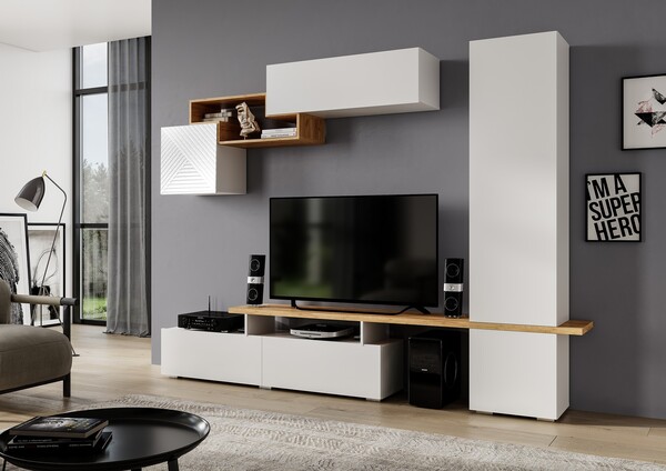 SkyFree Стенка НМ-001 Корпус -Белый (Гладкий)/Дуб Крафт золотой  Фасад ЛДСП -  Белый (Гладкий) Фасад МДФ - глянцевая Белый ФУ361 (4 места) КАТЕГОРИЯ А