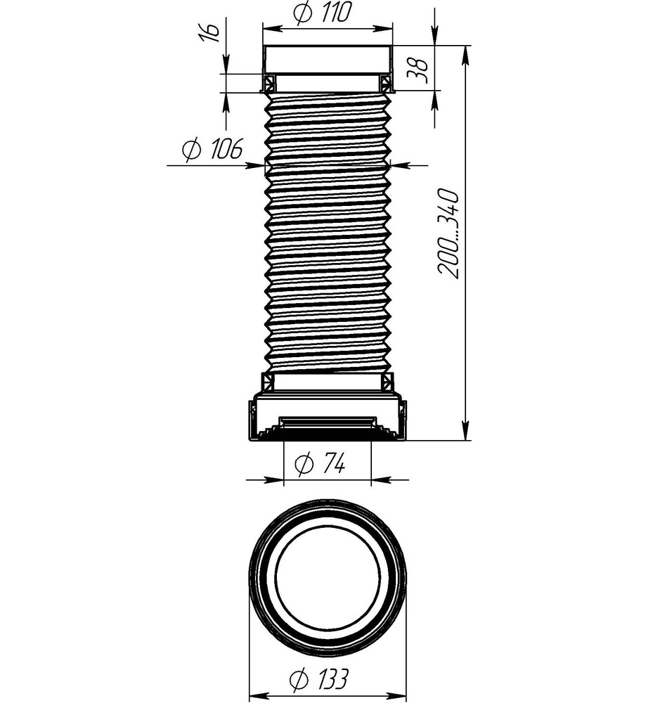 T911-27-MR Удлинитель гибкий для унитаза армированный с фановым выпуском Aquant 110мм, 200-340 мм