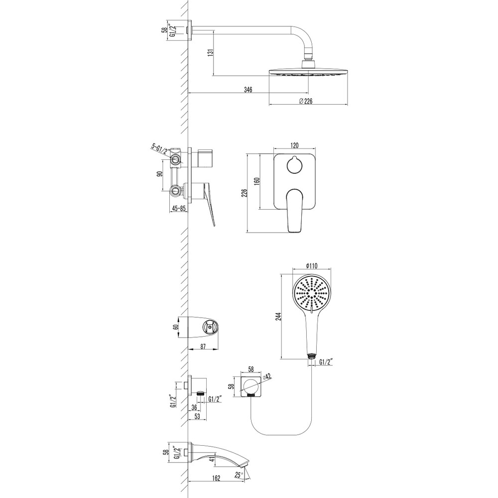 LM3722GM Bronx Смеситель для ванны и душа встраиваемый с доп. 3-функц. лейкой, графит LEMARK