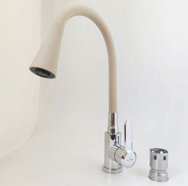 Смеситель кухня PURSH D35 (нерж.сталь,хром,бежевый гибкий излив+лейка-аэратор,гайка) R99307-М8 