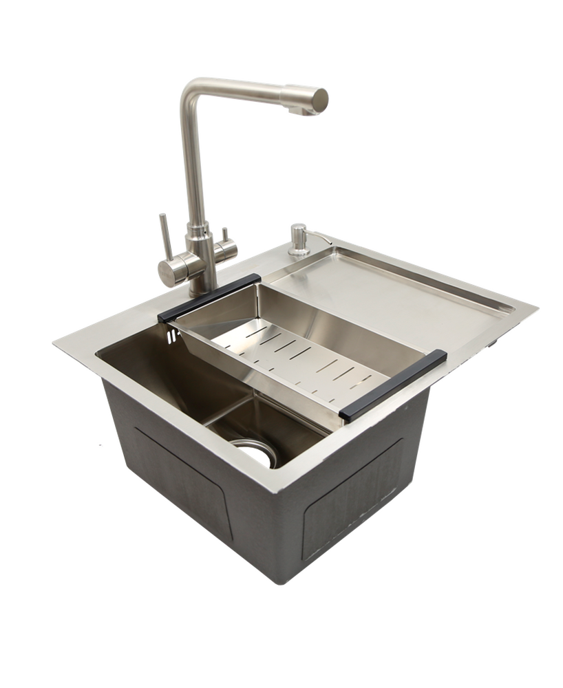 Мойка нерж врезная 580x480х230 т (3,0+1.2mm) сатин НМ 5848 L левая satin (+ сифон, коландер, дозатор мыла) AISI 304 