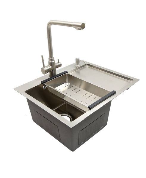 Мойка нерж врезная 580x480х230 т (3,0+1.2mm) сатин НМ 5848 L левая satin (+ сифон, коландер, дозатор мыла) AISI 304 