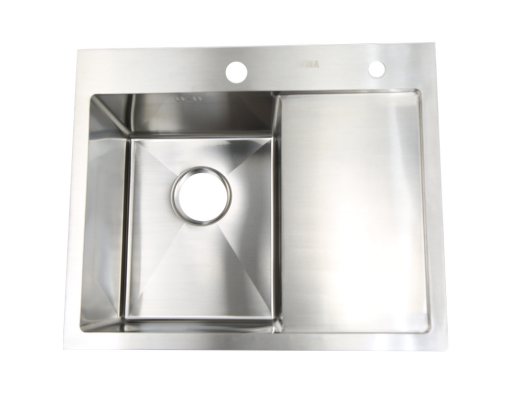 Мойка нерж врезная 580x480х230 т (3,0+1.2mm) сатин НМ 5848 L левая satin (+ сифон, коландер, дозатор мыла) AISI 304 