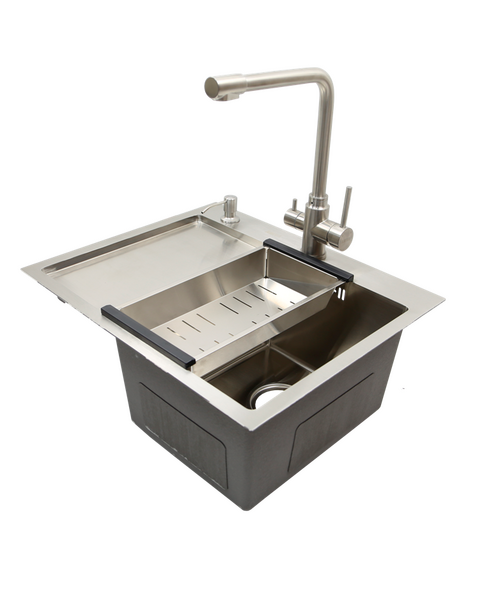 Мойка нерж врезная 580x480х230 т (3,0+1.2mm) сатин НМ 5848 R правая satin (+ сифон, коландер, дозатор мыла) AISI 304 