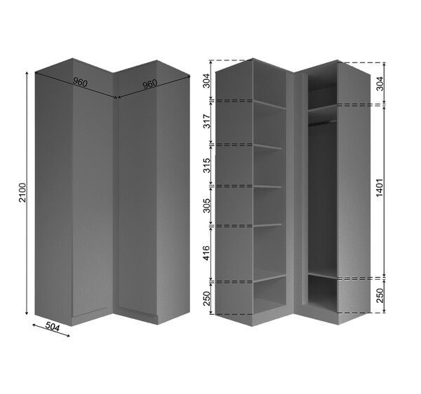 МС Мори Шкаф угловой МШУ 960.1/940 Графит (3 места)