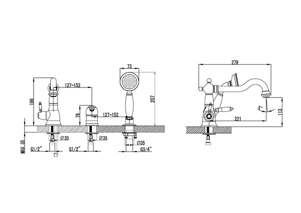 LM4845B Villa Смеситель для ванны встраиваемый, на 3 отверстия, с аксессуарами, бронза LEMARK