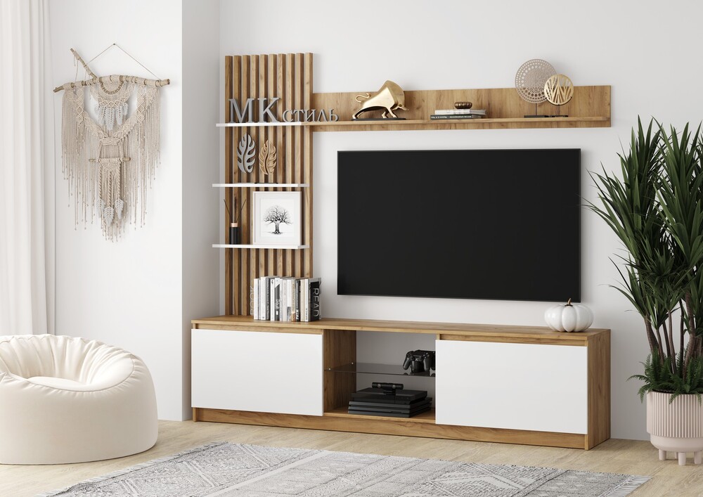 БОСТОН Стенка МДФ НМ-001 (Комплект) Корпус - Дуб Крафт золотой/Белый (Гладкий)  Фасад МДФ - глянцевая Белый (4 места) ЧШ666 КАТЕГОРИЯ А