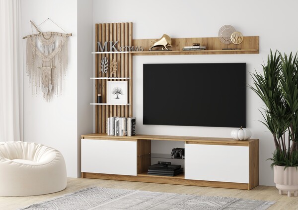 БОСТОН Стенка МДФ НМ-001 (Комплект) Корпус - Дуб Крафт золотой/Белый (Гладкий)  Фасад МДФ - глянцевая Белый (4 места) ЧШ666 КАТЕГОРИЯ А